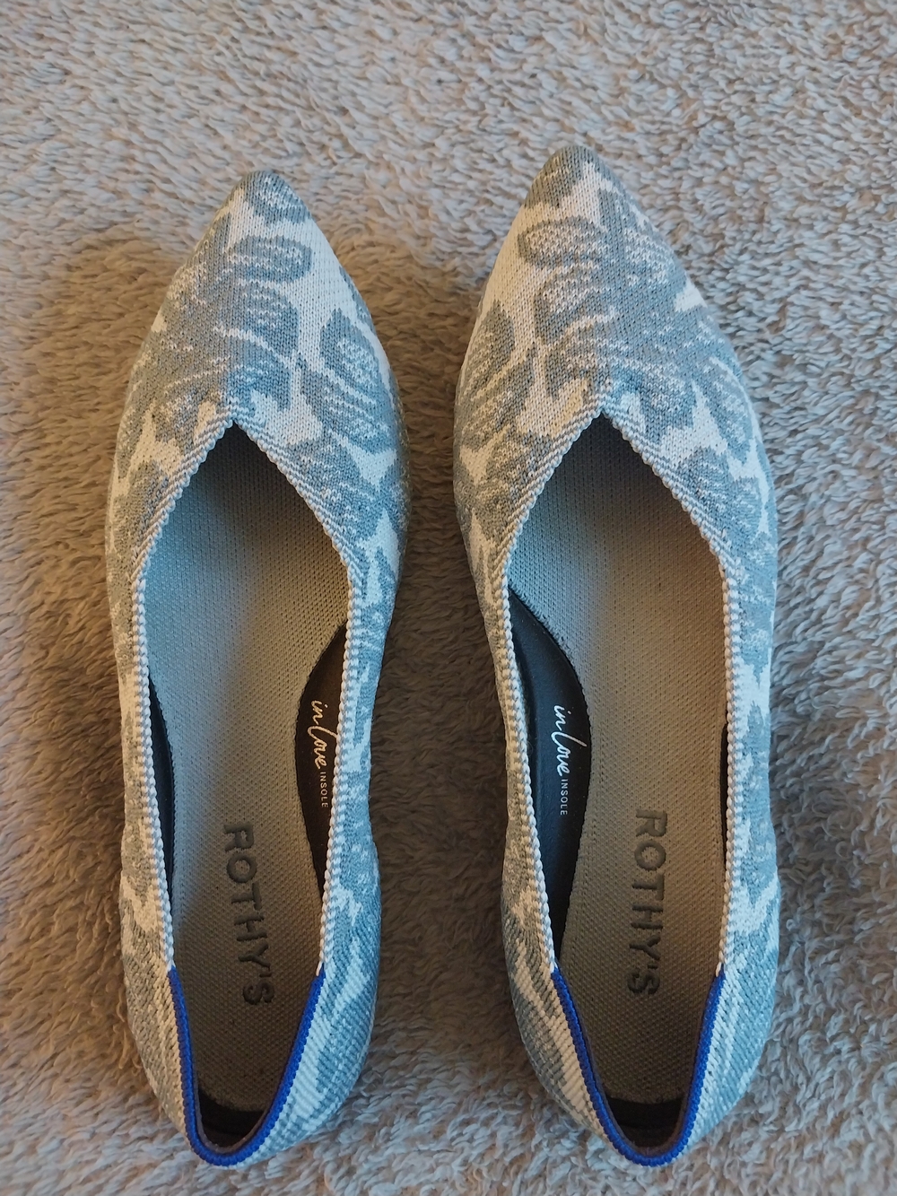 Rothy's Pointed-Toe Flats in Light Blue and Cream Floral Jacquard